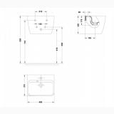 Lavoar Suspendat Emma Gala 48x37.50 cm Cu Preaplin Si Cu Gaura De Baterie – schita tehnica, desen tehnic cu dimensiuni si pozitii orificii montaj