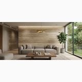 Gresie Portelanata HSE 9 Travertino Moka Vein Cute Mat 60x120 cm – ambient living, living modern cu canapea gri si perete travertin