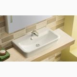 Lavoar Emma 55x35 cm Cu Preaplin Si Cu Gaura De Baterie – ambient baie, lavoar alb pe blat lemn cu baterie crom