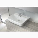 Lavoar Emma Gala 60x45cm Cu Preaplin Si Cu Gaura De Baterie – ambient baie, lavoar alb pe blat lemn, baterie crom montata
