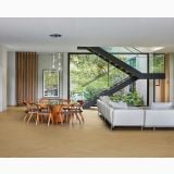 Parchet SPC Kahrs Illusion - Click 6 MM Herringbone – ambient living, living si sufragerie cu parchet in herringbone si scara metalica, pe pardoseala