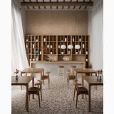 Gresie Portelanata DUO Gem Mix 01 90x90 cm – ambient comercial, restaurant cu mese lemn, gresie mozaic geometrica pardoseala