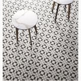 Gresie Patchwork B&W 02 20x20 cm – ambient living, pardoseala cu model geometric alb-negru, mesele rotunde marmura