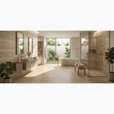 Gresie Portelanata HSE 9 Travertino Moka Vein Cute Mat 60x120 cm – ambient baie, baie spa cu cada freestanding si plante verzi, pe pardoseala si perete