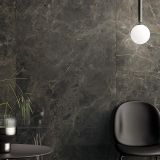 Gresie HBO 8 Noisette Mat 60x60 cm – ambient living, living modern cu perete gresie gri si scaun negru