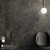 Gresie HBO 8 Noisette Lucios 30x60 cm – ambient living, perete gresie mata cu masa neagra si scaun