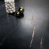 Gresie 3D Tech Precious Black Semi Lucios 120x120 cm – detaliu, gresie neagra lucioasa cu vene aurii, vaze decorative