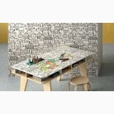 Gresie Decorata Wide & Style ABK Paint The House 60x120 cm – ambient dormitor, birou copii cu desen orase, perete similar, creioane colorate