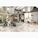 Gresie Abk Calacatta Vena Oro Lucios 120x120 cm – ambient living, living spatios cu pardoseala marmorata si mezanin