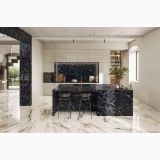 Gresie Abk Calacatta Vena Oro Lucios 60x120 cm – ambient bucatarie, bucatarie moderna cu insula si pardoseala marmorata elegante