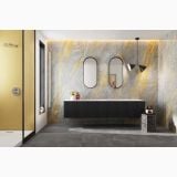 Gresie Abk Grigio Siena Lucios 120x120 cm – ambient baie, baie moderna cu perete auriu si pardoseala gri