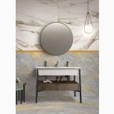 Gresie Abk Grigio Siena Lucios 60x120 cm – ambient baie, baie moderna cu marmura gri, oglinda rotunda, mobilier suspendat, pe pardoseala si perete