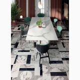 Gresie Abk Intarsia Lucios 120x120 cm – ambient living, living elegant cu masa marmura si pardoseala gresie geometrica