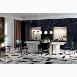 Gresie Abk Intarsia Lucios 120x120 cm – ambient living, living elegant cu pardoseala marmorata si pereti negri striati
