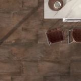 Gresie ABK Interno 9 Rust Mat 60x120 cm – ambient living, vedere de sus, pardoseala gresie rustica cu scaune tapitate