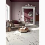 Gresie Abk Invisible Pearl Lucios 120x120 cm – ambient living, living elegant cu pardoseala marmorata alba, mobilier catifea roz