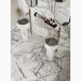 Gresie Abk Lilac Grey Mat 120x120 cm – ambient baie, baie eleganta cu lavoare marmura si robinete aurii, pe pardoseala si perete