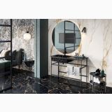 Gresie Abk Port Gold Lucios 60x120 cm – ambient dormitor, dormitor si baie cu pardoseala neagra si perete marmura aurie