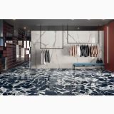 Gresie Abk Grand Antique Lux Lucios 120x120 cm – ambient comercial, showroom fashion cu pardoseala marmorata albastru-alb lucioasa
