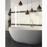 Gresie Abk Statuario White Lux Lucios 60x60 cm – ambient baie, baie moderna cu cada freestanding si perete marmura