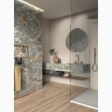 Faianta Abk Alabaster 60x120 cm – ambient baie, baie moderna cu dus, cabina de sticla si perete decorativ