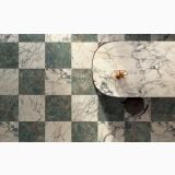 Gresie Portelanata HPM 03 Amazzonite Lucios 60x120 cm – ambient living, pardoseala in carouri verde si alb, masa marmura