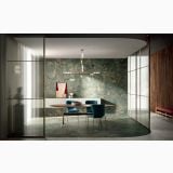 Gresie Portelanata HPM 03 Amazzonite Mat 60x120 cm – ambient living, living cu masa scaune albastre si perete verde marmorat