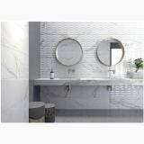 Gresie Portelanata Anima White Lucios 60X60 cm – ambient baie, baie moderna cu oglinzi rotunde si pardoseala gresie, pe pardoseala si perete