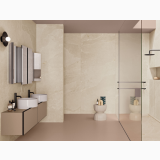 Gresie Ardesia Beige Mat 80x80 cm – ambient baie, baie moderna cu dus, oglinzi si nuante roz-bej, pe pardoseala