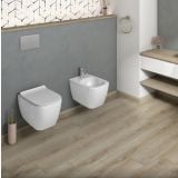 Vas WC Rimless Suspendat Venise cu Capac Soft-Close Sanimed – ambient baie, vas wc suspendat alb, bideu, parchet lemn, perete gri
