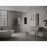 Gresie Origins White Line 3D 60x120 cm – ambient baie, baie moderna cu cada freestanding si pardoseala gri lemn