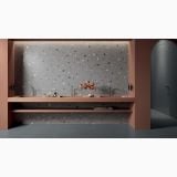 Lastra gresie Nuances Antracite Coccio Mat 120x280x0.6 cm – ambient baie, baie moderna cu perete terrazzo si lavoare roz