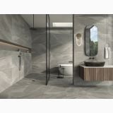 Gresie Portelanata iTiles StoneForm Grigio 30x60 cm – ambient baie, baie moderna cu cada, dus si mobilier lemn, pe pardoseala si perete