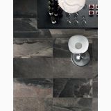 Gresie Stone Mix Ardesia Black 60x60 cm – ambient living, vedere de sus, pardoseala gresie efect piatra cu scaun alb