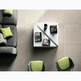 Gresie Rectificata Square Avenue 80x80 cm – ambient living, vedere de sus cu canapea, scaune verzi si masuta, pe pardoseala