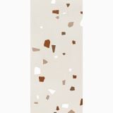 Lastra gresie Nuances Avorio Coccio Mat 120x280x0.6 cm – model terrazzo cu fragmente colorate pe fundal deschis