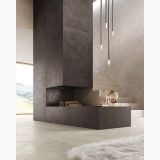 Gresie Gigacer Concept 1 Land Bocciardato 120x120 cm – ambient living, semineu supraetajat placat cu gresie texturata, scara si pardoseala, pe pardoseala si perete