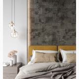 Lastra Gresie Gigacer Concept 1 Texture Platinium Mat 120x250 cm – ambient dormitor, dormitor modern cu tablie mustar si perete textura gri