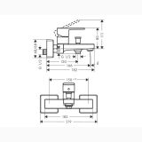 Baterie Cada Hansgrohe Vernis Shape Finisaj Crom – schita tehnica, desen tehnic cu dimensiuni vedere frontala si de sus