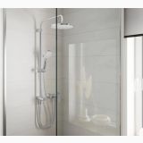 Baterie Dus Hansgrohe Vernis Blend Finisaj Crom – ambient baie, cabina de dus cu baterie cromata pe perete gri