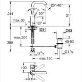 Baterie Lavoar Grohe Essence L Size Finisaj Crom – schita tehnica, desen tehnic cu dimensiuni si unghiuri baterie lavoar