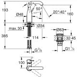Baterie Lavoar Grohe Essence M Size Finisaj Crom – schita tehnica, desen tehnic cu dimensiuni ale bateriei lavoar