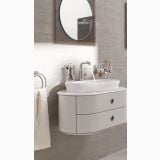 Baterie Lavoar Grohe Essence M Size Finisaj Crom – ambient baie, baterie lavoar crom pe blat alb cu sertare, pe perete