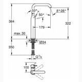 Baterie Lavoar Grohe Essence XL Size Finisaj Crom – schita tehnica, desen tehnic cu dimensiuni si unghiuri baterie