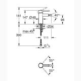Baterie Bideu Grohe Essence S-Size Finisaj Negru Mat – schita tehnica, desen tehnic cu dimensiuni si unghiuri de rotire