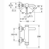 Baterie Cada Grohe Essence Finisaj Negru Mat – schita tehnica, desen tehnic cu dimensiuni pentru montaj baterie perete