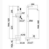 Baterie Cada Freestanding Paffoni Light Finisaj Auriu – schita tehnica, desen tehnic cu dimensiuni pentru baterie cada freestanding