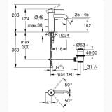Baterie Lavoar Grohe Essence S Size Finisaj Crom – schita tehnica, desen tehnic cu dimensiuni pentru baterie lavoar