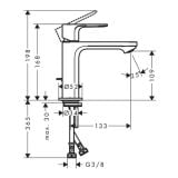 Baterie Lavoar Hansgrohe Rebris E 110 Cool Start Negru Mat – schita tehnica, desen tehnic cu dimensiuni si unghi jet