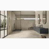 Gresie de Exterior Limestone Beige Anti-Slip Mat 60x120x2 cm – ambient baie, baie moderna cu dus walk-in si lavoar dublu, pe pardoseala